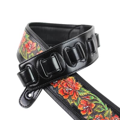 Walker & Williams KB-10 Gloss Black Strap w/Carved Red Orange Roses On Grain Leather image 2