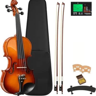 4/4 Violin Set Full Size Fiddle Solidwood Ebony Fitted LEFT-HANDED Violin with Prelude Strings | Complete Set with Hard Case, Bows, Tuner, Rosin & Shoulder Rest image 1