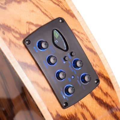 Lindo Earth Slim Body Electro Acoustic Guitar | Figured Tamo Ash and Flatsawn Zebrano | BS3M Blend Preamp/Tuner with Dual Jack/XLR Output | Solid Maple Teal Fretboard and Bridge (Nylon Strings) image 6