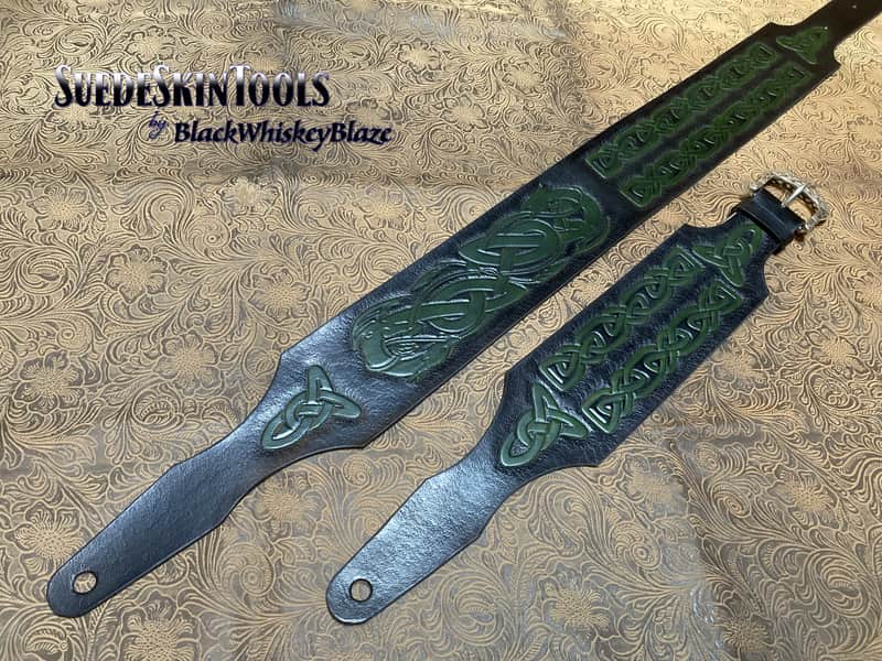 Custom Tooled Leather Celtic Knot Dragon Norse Viking Guitar Strap Colors SuedeSkinTools image 1