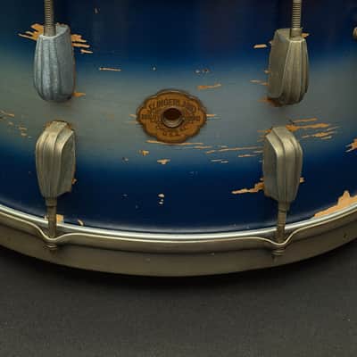 Slingerland Hollywood Ace Swing Radio King model 1-ply snare drum 14" x 7" 1939-1954 - Duco Blue Silver image 2