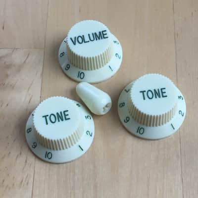 3 Vintage Style Fender Strat Green Font Numbers Letters Knobs White Aged Light NOS Relic image 2
