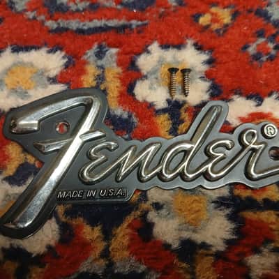 Fender Late 70s-80s Vintage Steel Logo Badge Emblem No Underline "MADE IN USA" Chrome/Black image 1