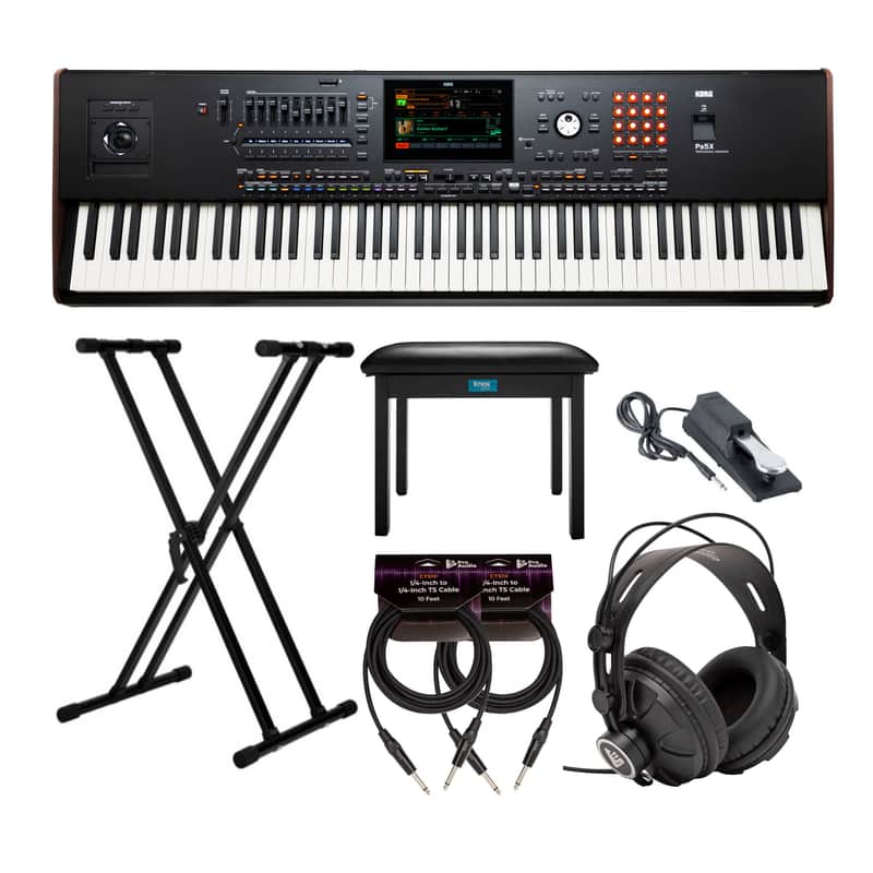 Korg 88-Key Pa5X Professional Arranger Bundle with Adjustable Keyboard Stand, Flip-Top Bench, Closed-Back Headphones, Sustain Pedal, and 1/4 Inch TS Cables (7 Items) image 1