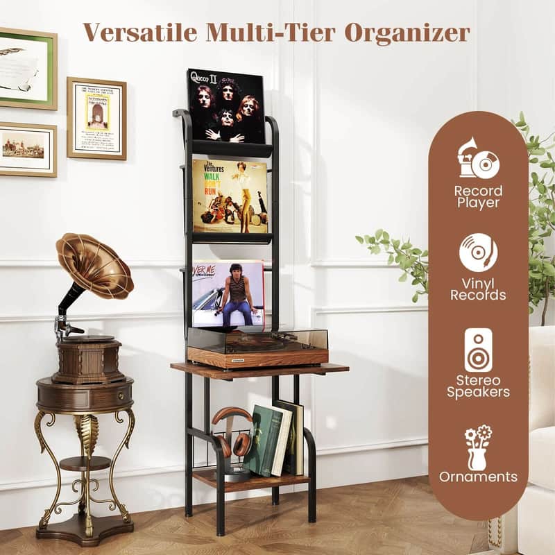5-Tier Record Player Stand with Vinyl Display Rack – Tall Turntable Shelf Organizer with Countertop & Oxford Storage image 1