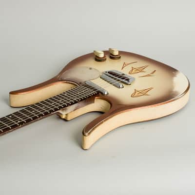 Danelectro  Longhorn Guitarlin Model 4123 Semi-Hollow Body Electric Guitar (1960), ser. #6020, black chipboard case. image 7