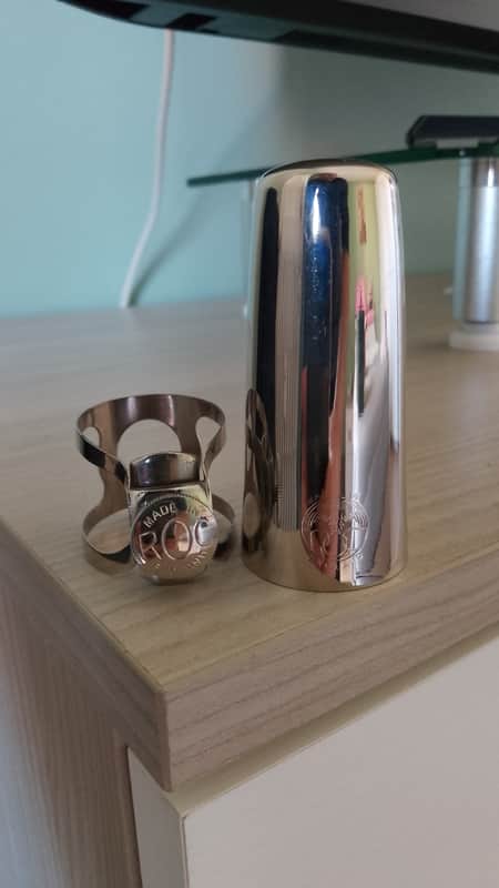 Rare ROC made in England nickel plated cap & ligature for tenor saxophone mouthpiece. image 1
