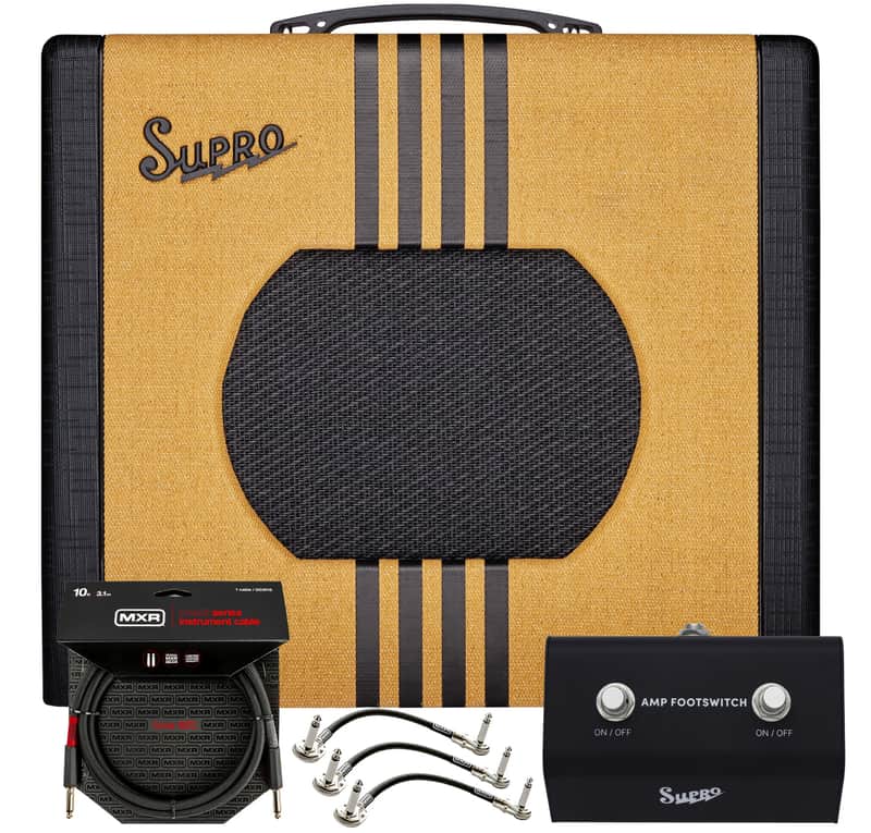 Supro Delta King 10" 1820RTB 5-Watt 12AX7 All-Tube Preamp Combo Amp 1x10 Tweed w/Black Stripes Amplifier with Tonebird MXR Cable and SFS2 Footswitch Bundle image 1