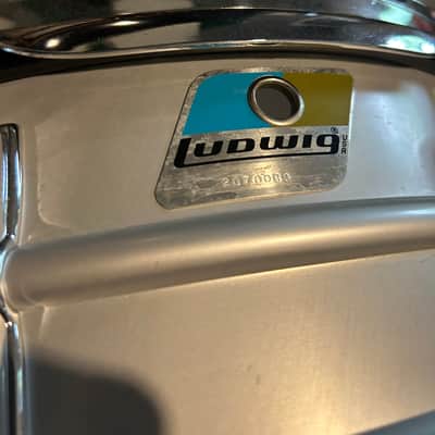 Ludwig No. 404 Acrolite 5x14" 8-Lug Aluminum Snare Drum with Pointed Blue/Olive Badge 1969 - 1979 - Matte Aluminum image 6