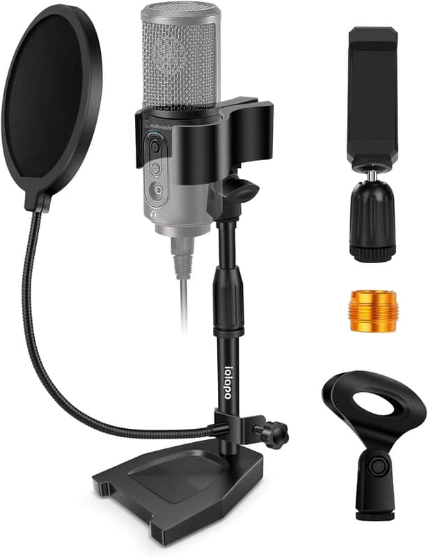 Desktop Mic Stand, Adjustable Microphone Stand Desk with Upgrade Microphone Clip Max Clamping Range 60mm,Pop Filter,Cell Phone Clip,3/8"to 5/8" Metal Adapter for Blue Yeti Snowball & Other Mic image 1