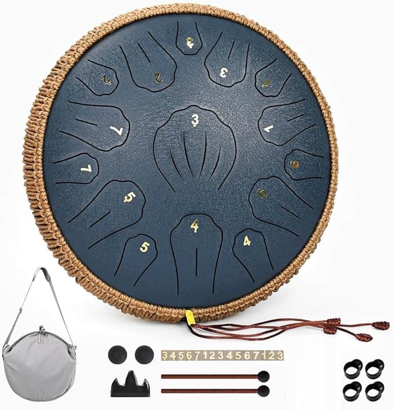 Steel Tongue Drum - 13 Inch 15 Note Tongue Drum, Handpan Musical Instrument for Adults Kids, Steel Drum with Music Book, Steel Drums Instruments with Mallet and Carry Bag, C Major (Navy Blue) image 1