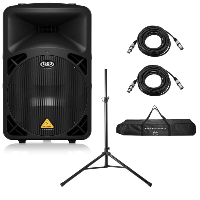 Behringer EUROLIVE B615D Active 1500W 2-Way PA Speaker System, Bundle with Turnstile Audio Speaker Stand and 2x H&A 25' XLR Microphone Cable image 1