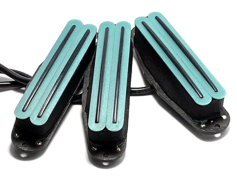 Dragonfire Duo Rails SSS Set Strat Sized Humbucker Pickups, Bridge/Middle/Neck ~ Teal w/ Black Rails image 1