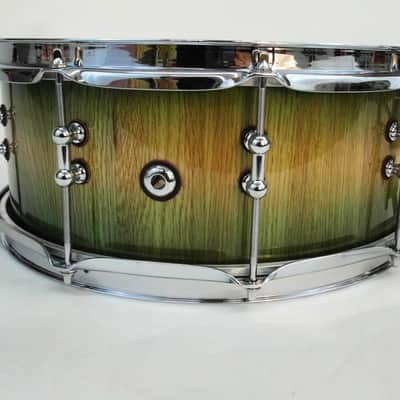 HHG drums 14x5.5 White Oak Stave snare drum, Natural to Green Burst image 10