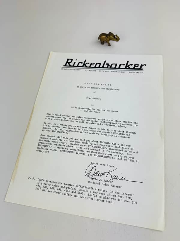 Rickenbacker Dealer Appointment Letter (Stan Solomon) 1969 image 1