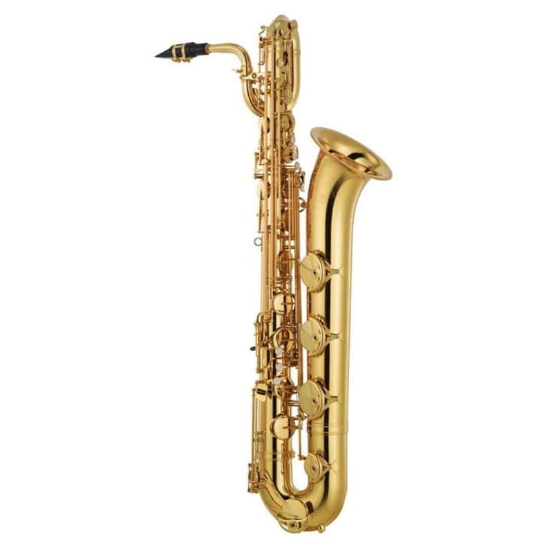 Yamaha Professional Baritone Saxophone; key of Eb; low A; high F# key; two-piece bell; peg receiver; 5C mouthpiece; case with wheels image 1