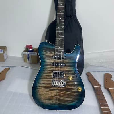 Vibrato system 24 frets Roasted flame maple neck Blue Gradient Flamed Maple Top Mahogany tele Electric guitar body SSH image 1