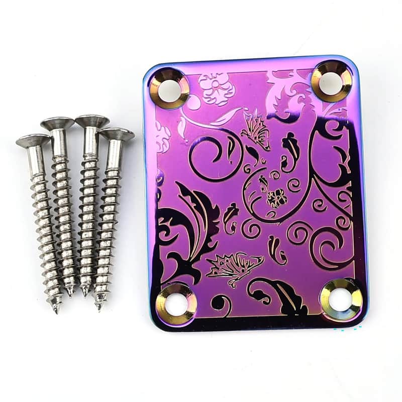 Stainless Steel Engraved Electric Guitar Neck Plate 4-Bolt Square Neck Joint Plate Joint Reinforce Board for Strat ST Telecaster Tele Bass Electric Guitar Parts Replacement (Purple) image 1