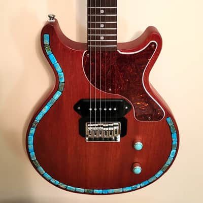 CUSTOM DESIGNED & CRAFTED LES PAUL JR. STYLE RED MAHOGANY AQUA IMPRESSION JASPER STONES - SERIAL #077 2025 image 4
