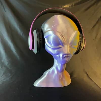 Psychedelic Alien Head Headphone Stand! Headset Holder Rack, Grey Area 51 Extraterrestrial Hanger. image 2