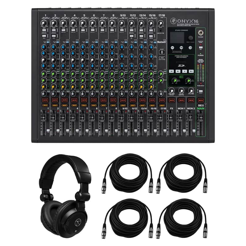 Mackie Onyx 16-Channel Premium Analog Mixer with Multi-Track USB, Bundle with TAPH100 Headphones and 4x 50' XLR Microphone Cable image 1