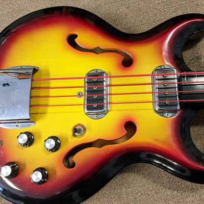 1965 Bartell (Hohner) Fretless Bass Guitar, Semi-Hollow, Pad, Case, Rare Sunburst, Woody Tone! image 1