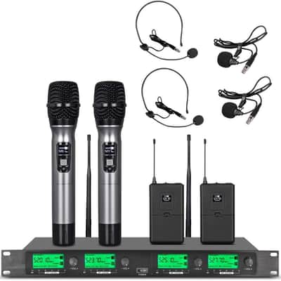 Wireless Microphone System UHF 4 Channel 2 Handheld Mic 2 Headset 2 Lavalier Bodypack 2 Lapel Mic Pro Karaoke System Speaking Conference Wedding Party image 1