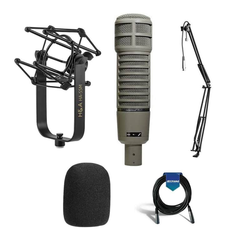 Electro-Voice Electro-Voice RE20 Variable-D Dynamic Cardioid Microphone, 45-18000Hz Frequency Response, 150 Ohms - Bundle with 309A Shock Mount, Telex WSPL-2 Foam Windscreen, H&A Broadcast Arm, XLR Cable image 1