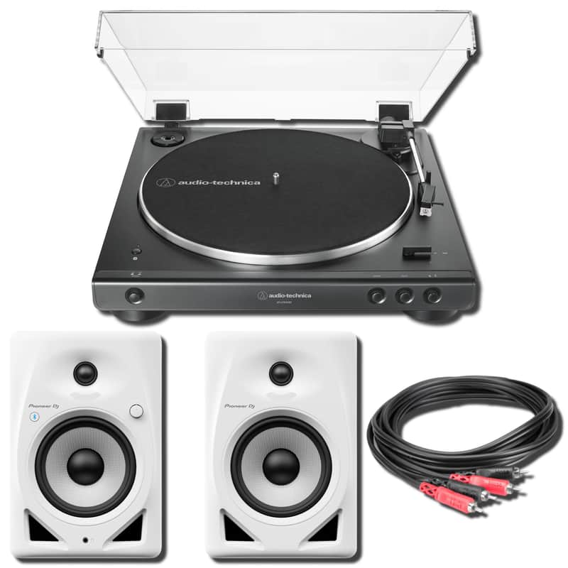 Audio-Technica AT-LP60XBT-BK Fully Automatic Wireless Bluetooth Turntable with Pioneer DJ DM-50D-BT-W 5-Inch White Powered Bluetooth Monitors (Pair) and Hosa CRA-204 13.1-Foot Dual RCA Cable