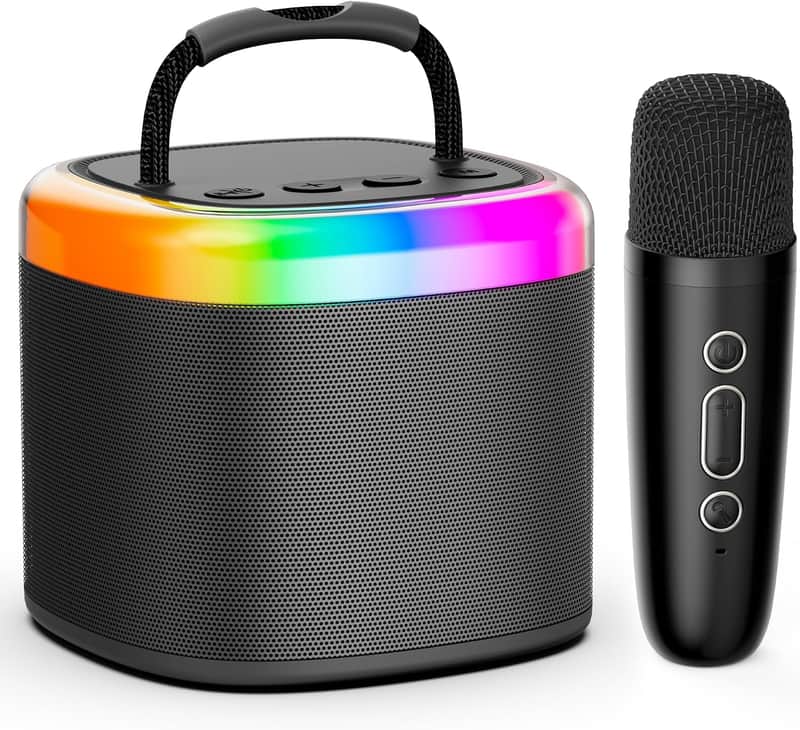 Mini Karaoke Machine for Kids - Black Bluetooth Speaker Unpowered Cabinets with Party Lights and 1 Wireless Microphone, Great for Adults, Ideal for Family Home Parties and Birthday Gifts image 1