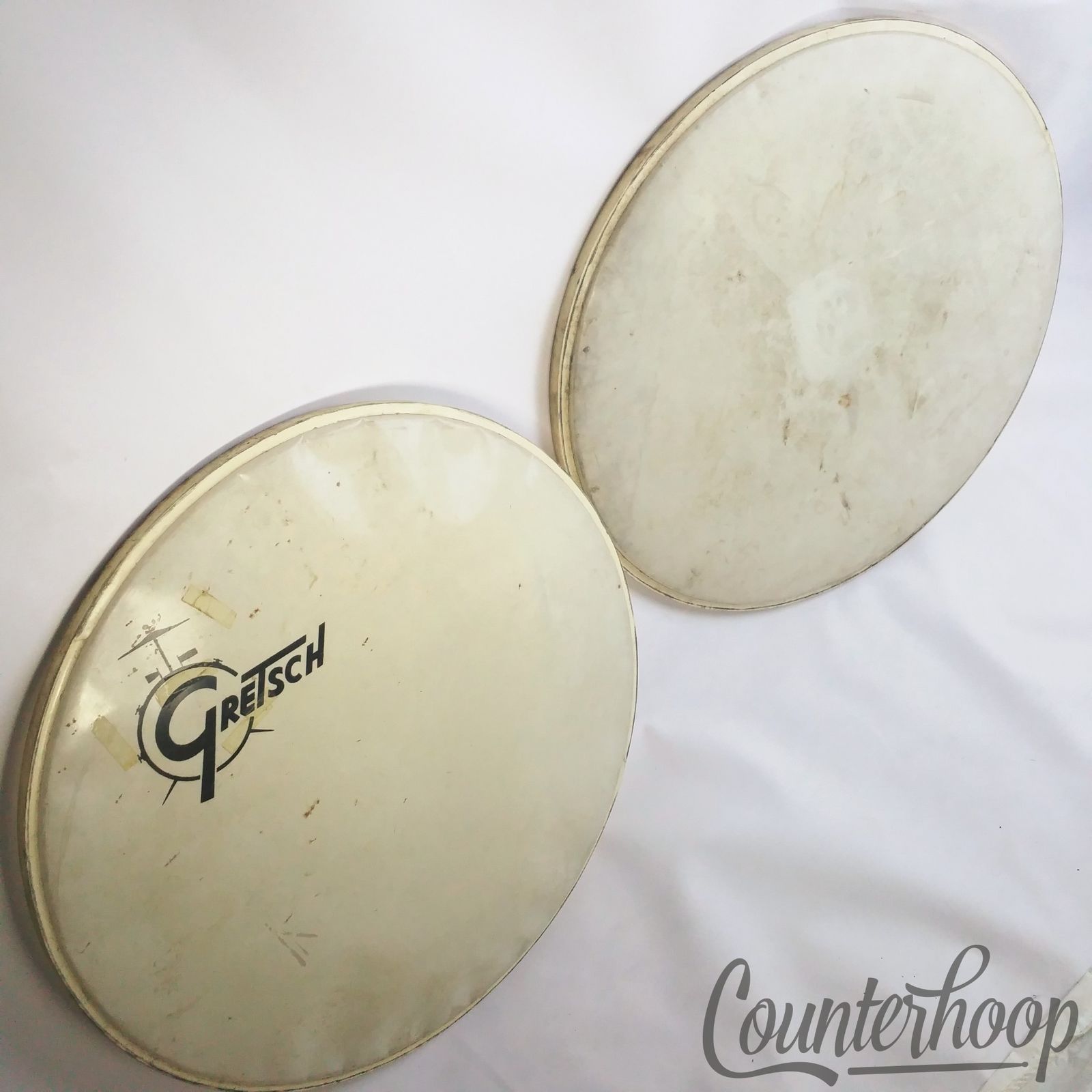 Gretsch 2x Bass Drum 22" Heads Set 60s White Logo Resonant+Coated Batter RB USA — main photograph