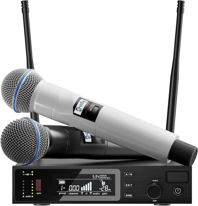 Wireless Two Microphone System with UHF Dual-Channel Receiver, Metal Handheld Dynamic Mics Kit for for Karaoke Singing, Wedding, Party, Church, Speech (White/Black) image 1