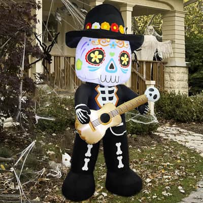 6FT Inflatable Mariachi Skeleton Halloween Decor w/ Guitar & LED Lights image 2