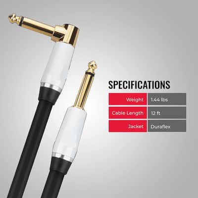 12 ft Right Angle to Straight Cable. 95% Copper Braided Electric Guitar Cable. Protective Jacket w/ 24k Gold Contacts image 2
