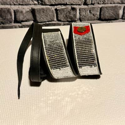 Copperpeace Glovely Silver Sequined Black Leather Guitar Strap - Red Pick Pocket image 3