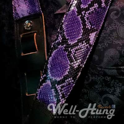 Well-Hung "Purple Python" 3" wide, padded leather strap in purple black and gray snake image 3
