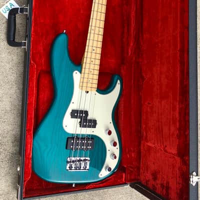 1998 Fender Deluxe American Series Precision Teal Green Transparent Premium Ash body and OHSC image 1