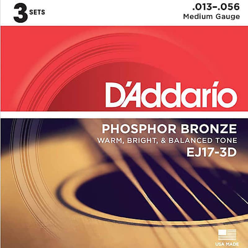 D’Addario EJ17-3D Phosphor Bronze Acoustic Guitar Strings Medium 13-56 3 Sets image 1