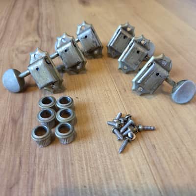 Set of Vintage 1960's Kluson Double Line, Metal Button 3 x 3 Guitar Tuners w/ Ferrules, Screws! image 1