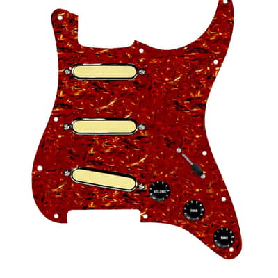 920D Custom Gold Foil Loaded Pickguard For Strat With Black Pickups and Knobs, Tortoise Pickguard For Strat, and S7W Wiring Harness