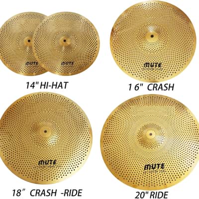 Low Volume Cymbal Pack 5 Piece Set 14"Hihats,16"Crash,18"Crash,20"Ride Quiet Cymbal Plus Bag Golden Mute Drum Practice Cymbal image 2