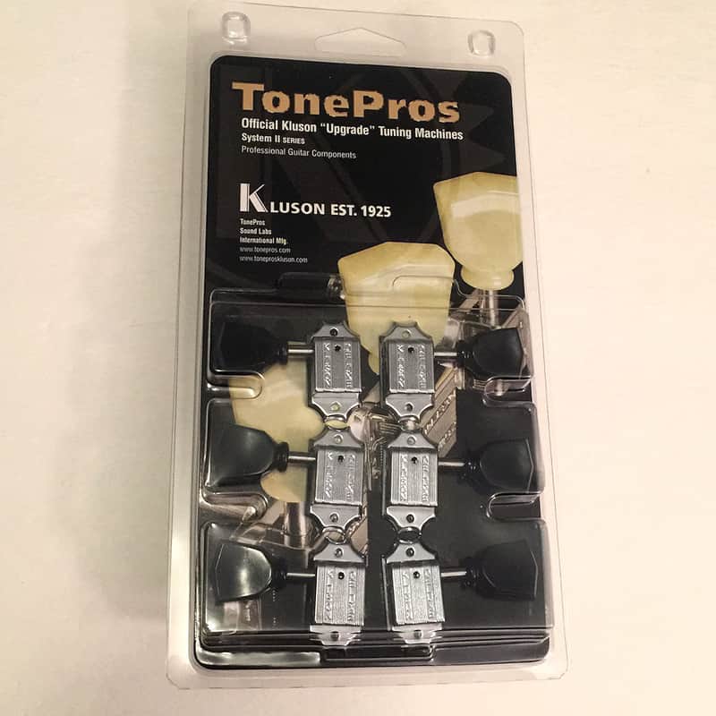Guitar Tuner Set TONEPROS KLUSON Vintage Style 3x3 TUNERS - Black Keystone Button - CHROME image 1