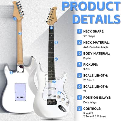 39in Full Size Beginner Electric Guitar Starter Kit w/Case, Strap, 20W Amp, Strings, Pick, Tremolo Bar (White Guitar) image 2