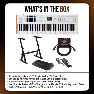 Arturia KeyLab Mk3 61 Keyboard MIDI Controller with DAW Integration and Enhanced Keybed (White) Bundle with Adjustable Z-Stand, Piano Style Sustain Pedal, Dust Cover, and 10 Feet MIDI Cable (5 Items) image 7