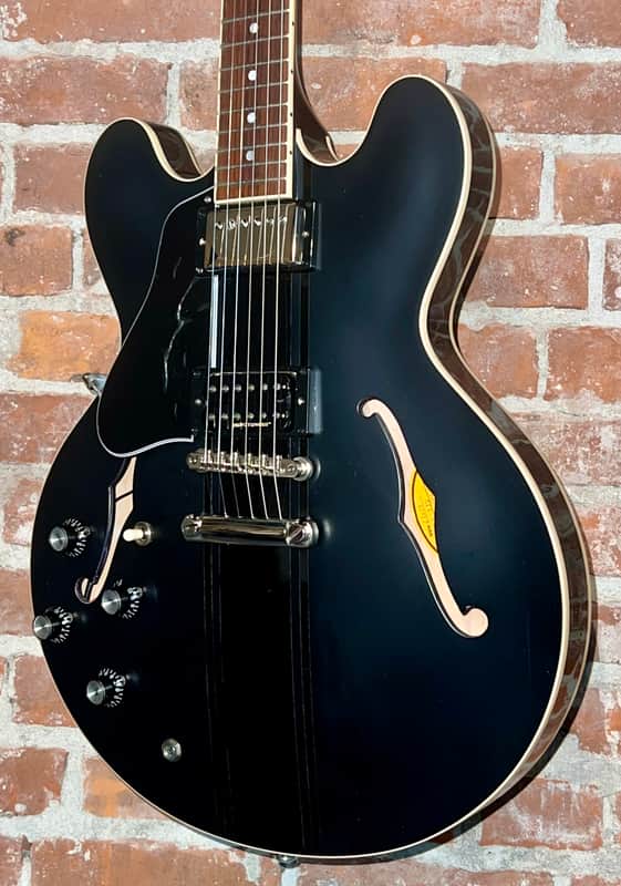 Sweet Lefty! 2021 Gibson ES-335 Dot Semi-Hollow Electric Guitar Custom Black Ebony w/ Racing Stripes + OHSC image 1