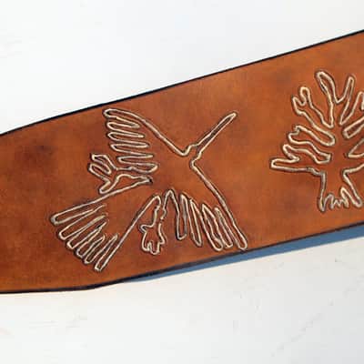 Burny Black custom made guitar strap leather - nasca lines brown/white made to order - oil image 13