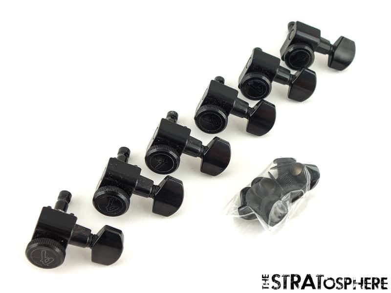 6 Fender BLACK ''F'' LOCKING TUNERS PEGS 2 Pin Retrofit Jim Root Jazzmaster image 1