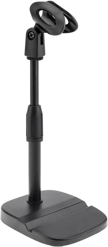 Desktop Mic Stand with Phone Holder, Adjustable Desk Mic Stand with Mic Clip Compatible with Max 1.7 inch Diameter Microphone, Weighted Base, 5/8" to 3/8" Screw Adapter, Height 9.8" to 13.4" image 1