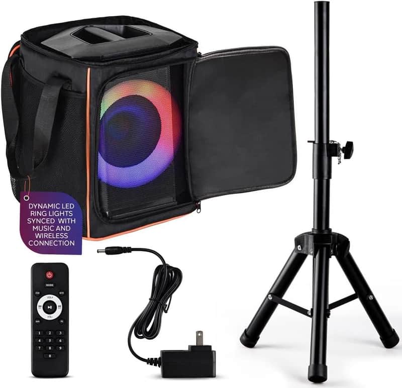 Portable Bluetooth Speaker with 8" Inch Woofer, TWS, Mic Input, USB/SD/FM Radio, Colorful Ring Lights, 120 W Rechargeable Battery, Tripod Stand & Speaker Bag, Hi-Fi Sound, Outdoor/Indoor Use image 1