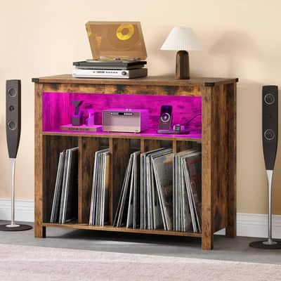 Height-Adjustable Record Player Stand w/ RGB Lights, USB & Power Outlets – Holds 200 Vinyl Albums | Turntable Storage image 2